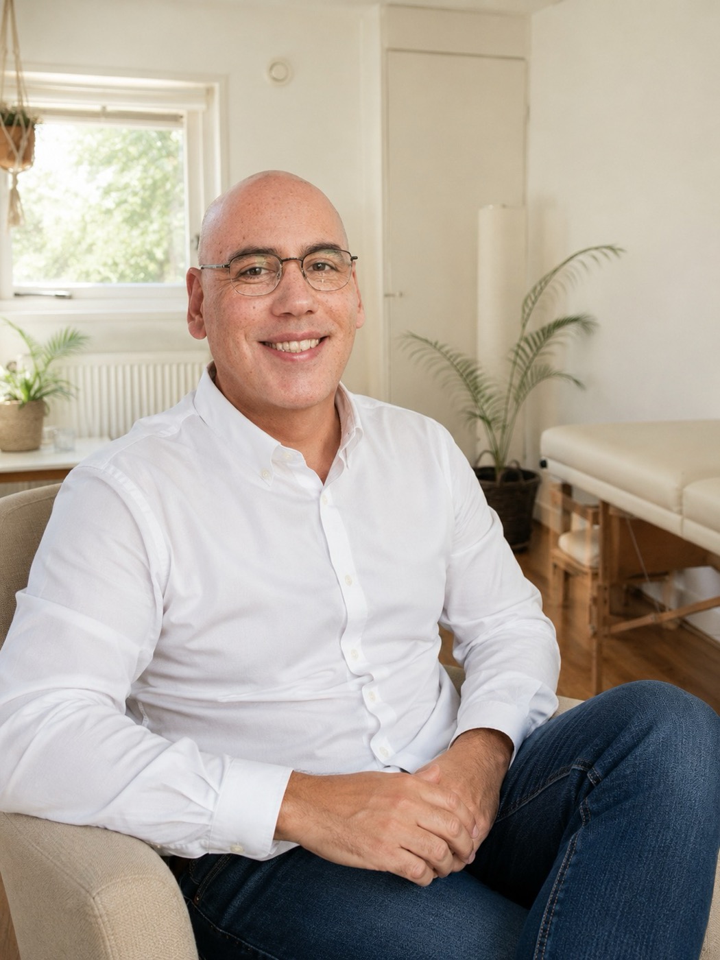 Victor Kraemer zit ontspannen in een lichte behandelruimte